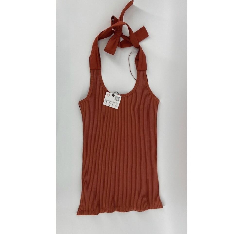Zara Burnt Orange Ribbed Knit Halter Top Womens S Longhorns UT Rust Tie Neck